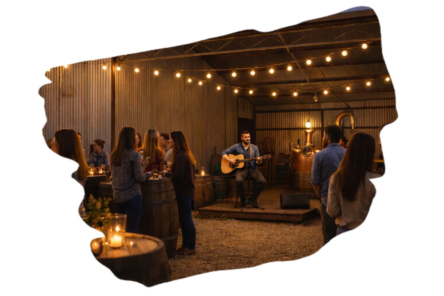 Guests gathering for an evening event at Coffin Rock Distillery in York, WA